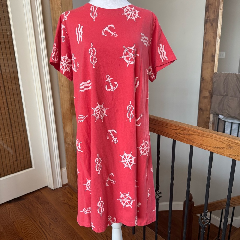 Coral Red Nautical Print Dress knee length A-line crew neck short sleeve spring